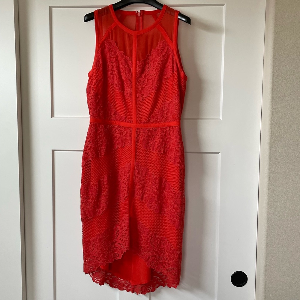 Adelyn Rae Coral Semi-sheer, Lace & Mesh, Slight High/Low Hem, Tank Dress, Sz M